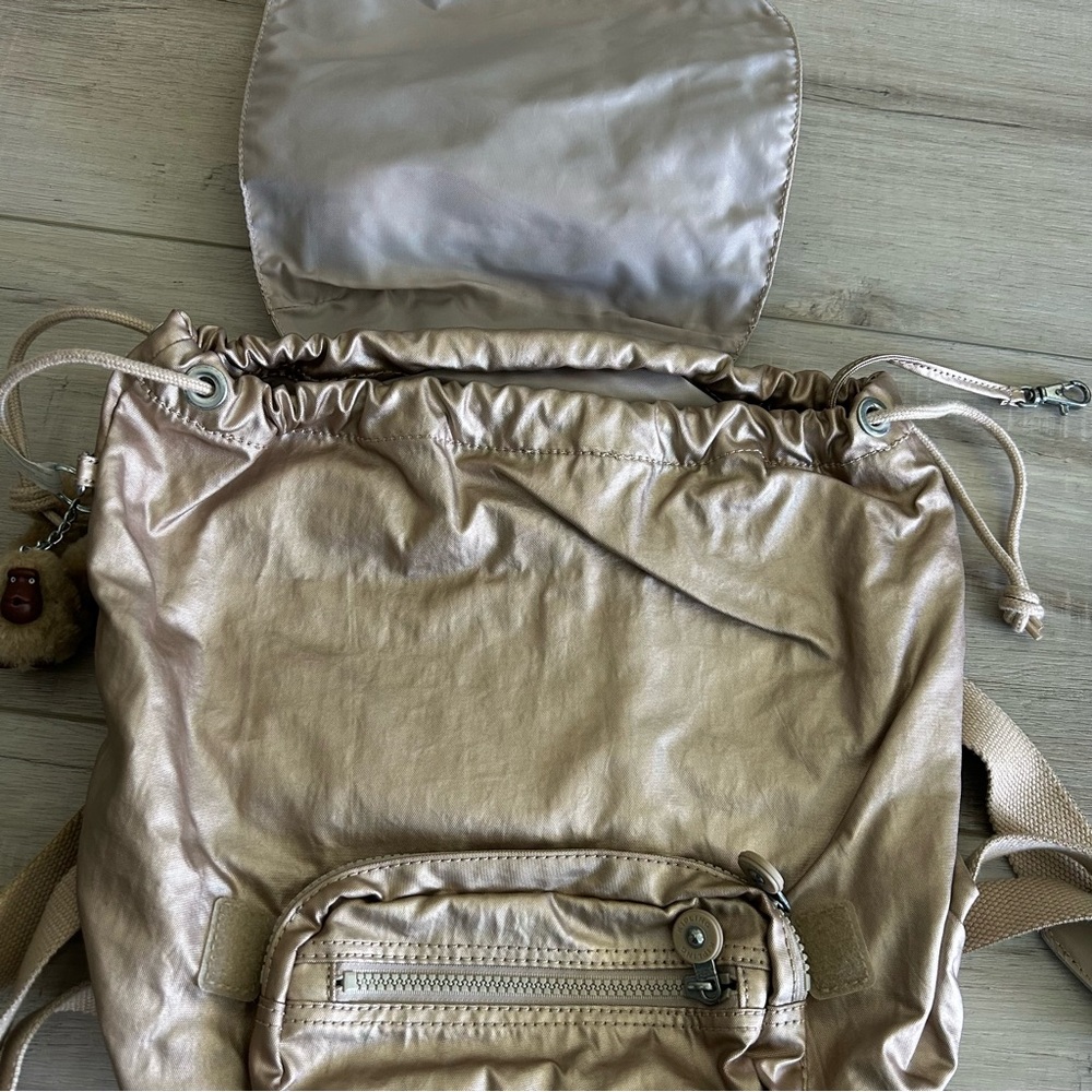 Kipling Metallic Gold Drawstring Backpack With Mo… - image 4